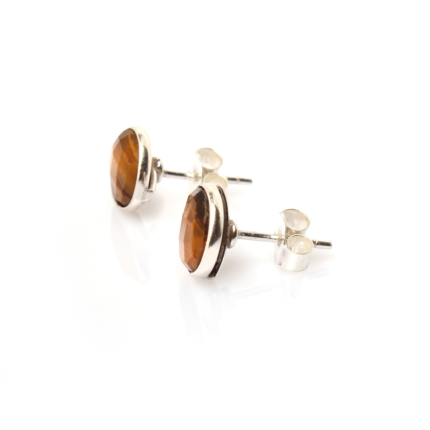 Tiger Eye Stud Earrings - 925 Sterling Silver