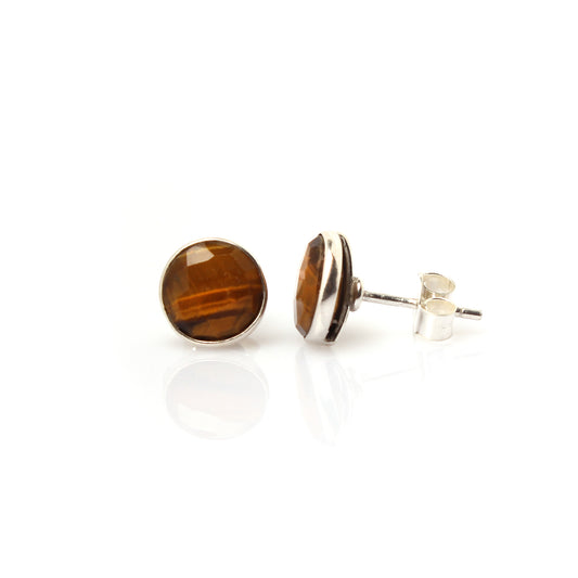 Tiger Eye Stud Earrings - 925 Sterling Silver